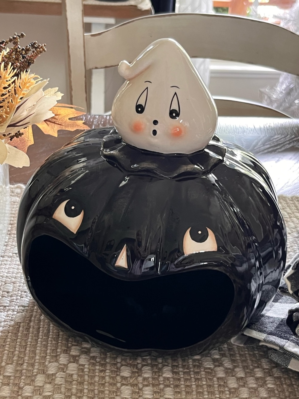 Black Ceramic Pumpkin Candy Jar with White Ghost Accent